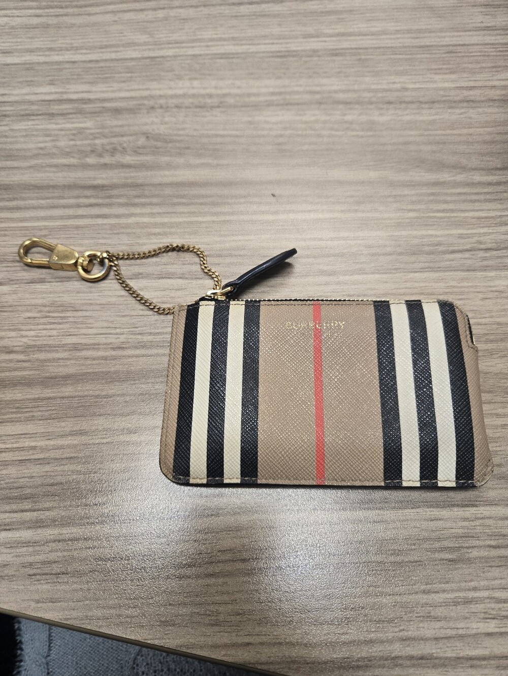 Burberry Tan Stripe Leather Zip Card Holder with Gold Chain